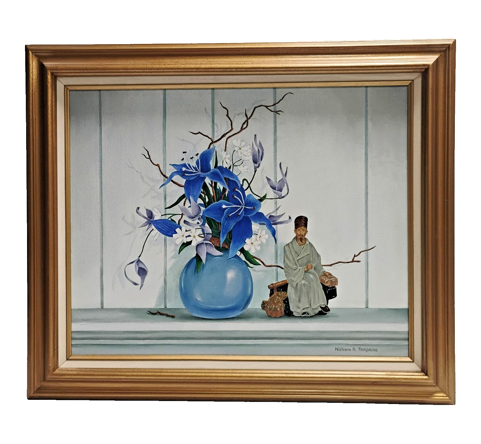 William Tompkins Floral Still Life w/ Asian Man Figurine Oil Painting 21X25