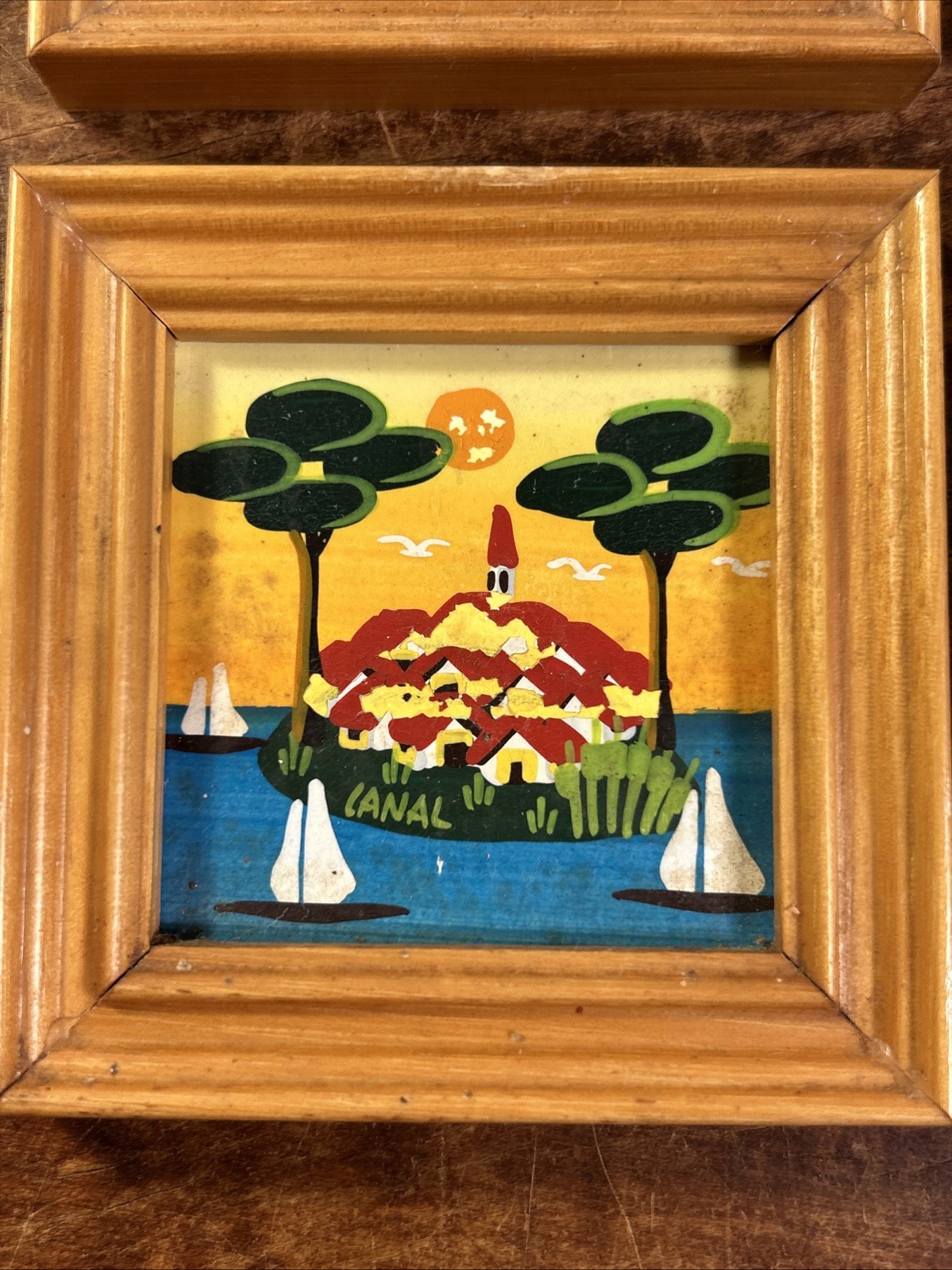 LOT OF 4 Wood FRAMED PICTURES / PAINTINGS / 1980s By Canal, Rome Italy? 3″ Sq.