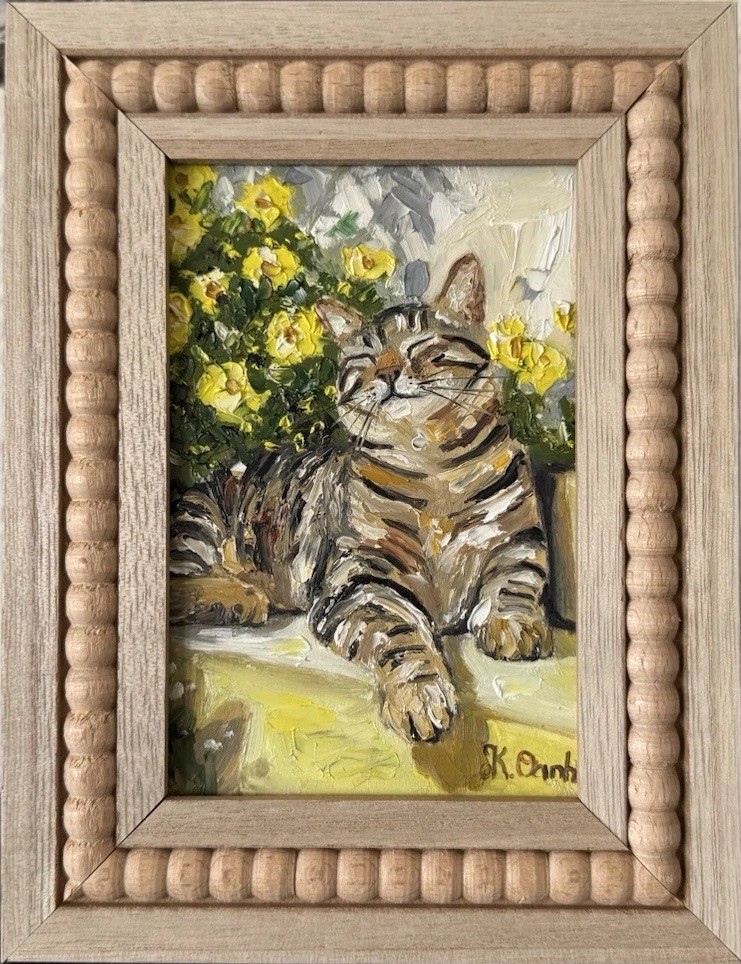 ORIGINAL OIL PAINTING TABBY CAT SUNBATHING SIGNED FRAMED 4×6