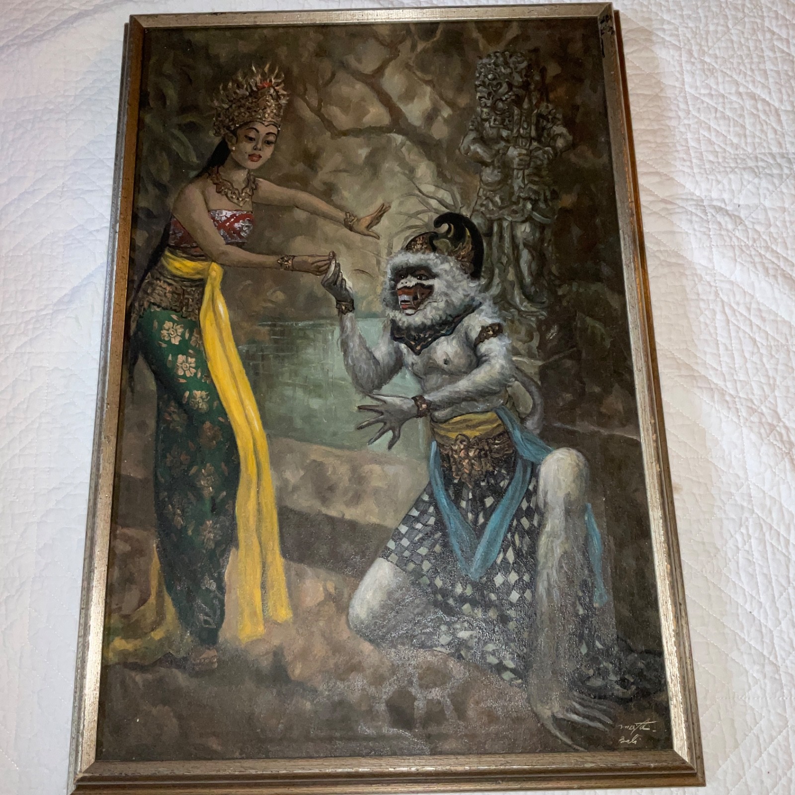 original oil painting Balinese woman portrait mythical monkey god signed vinage