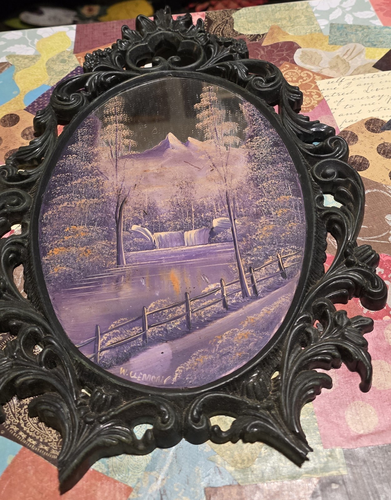 William Clemons Signed ,Vintage landscape painting on a mirror. Needs New Frame.