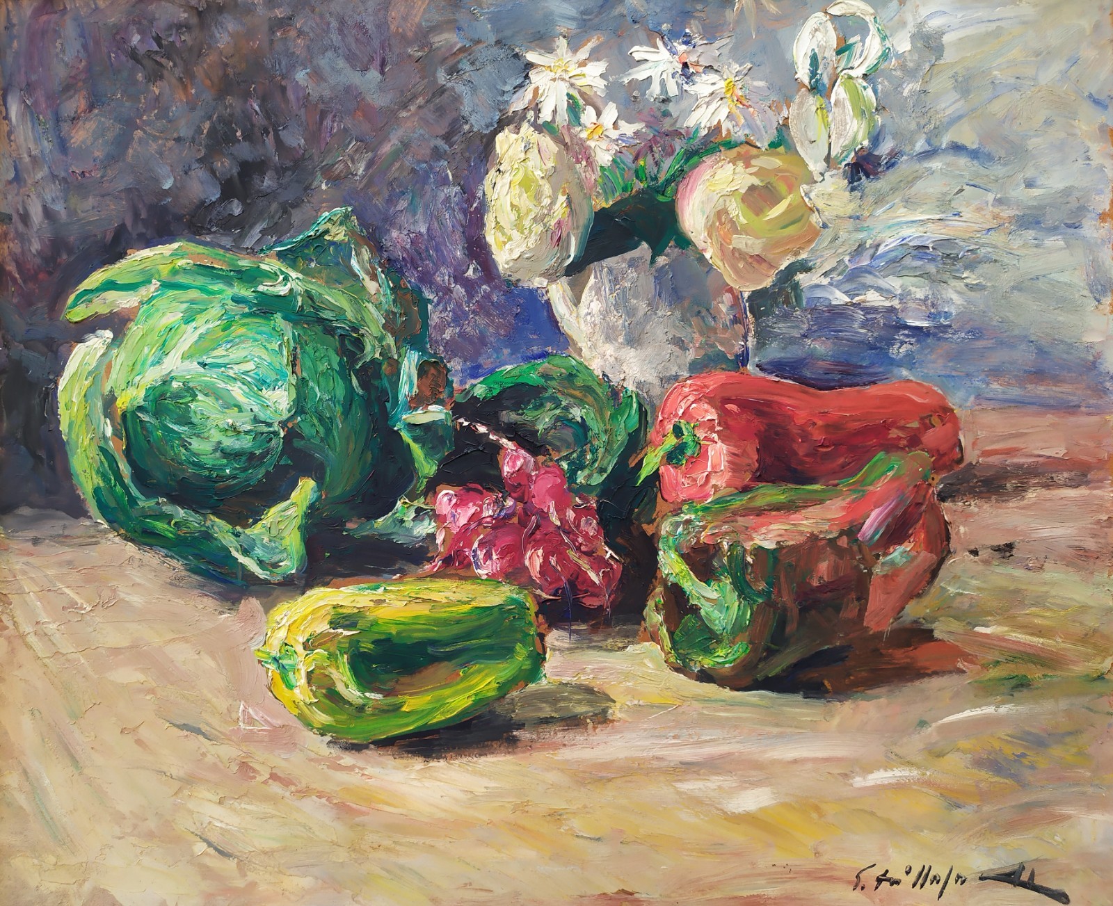 Impressionist Still Life Fruits and Flowers Original Italian Oil Painting signed