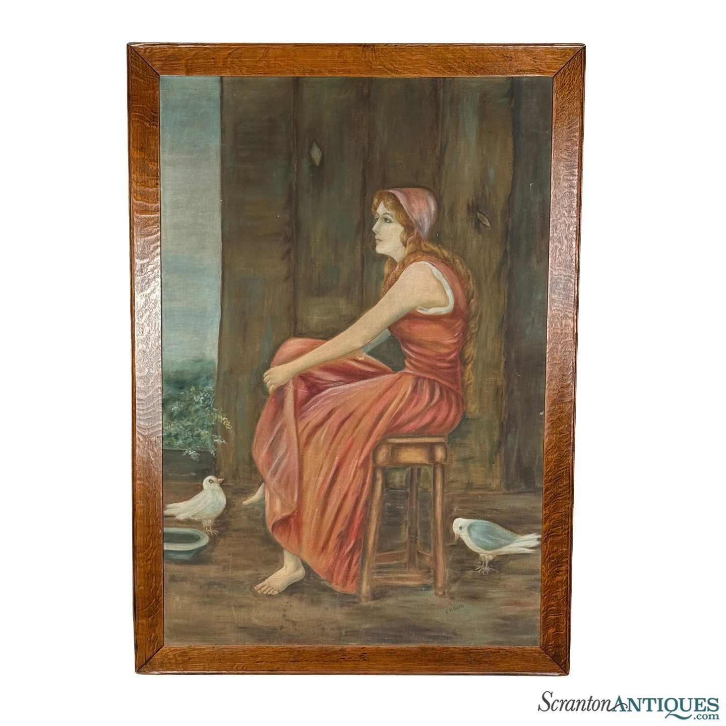 Antique Realism «Women in Pink Dress w/ Forest Doves» Oil on Canvas Painting