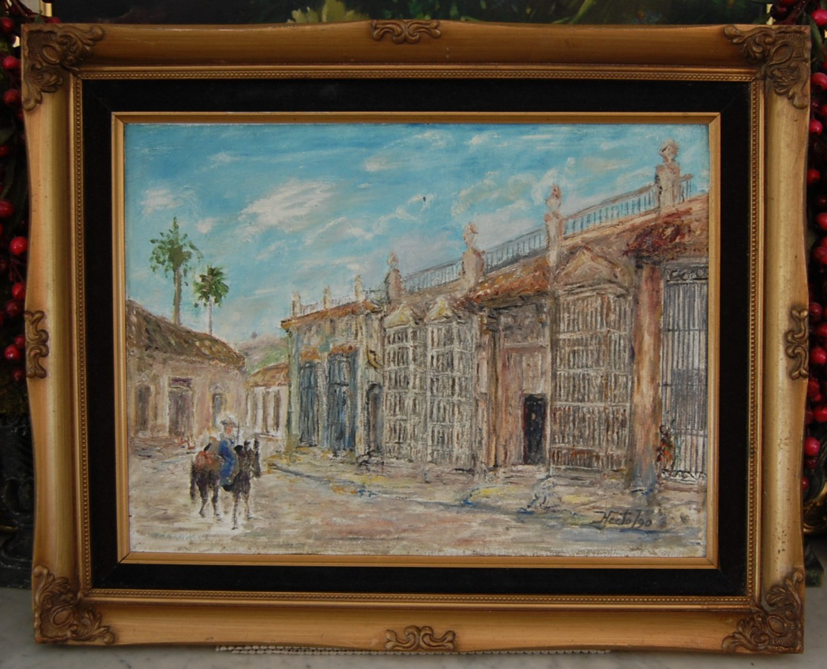 FRAMED SIGNED OIL STREET SCENE OLD COLONIAL TRINIDAD, CUBA ARTIST: HECTO VIDAL