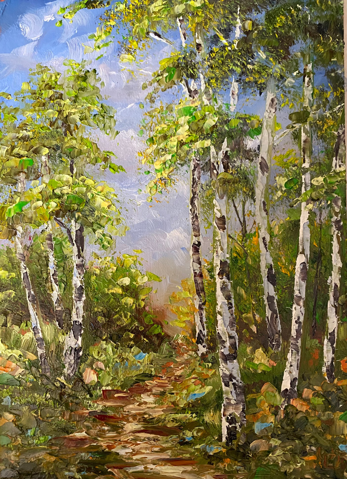 ORIGINAL OIL Painting ROAD PASS THROUGH BIRCH WOOD impasto 7″x5″ by Olga Diduh.