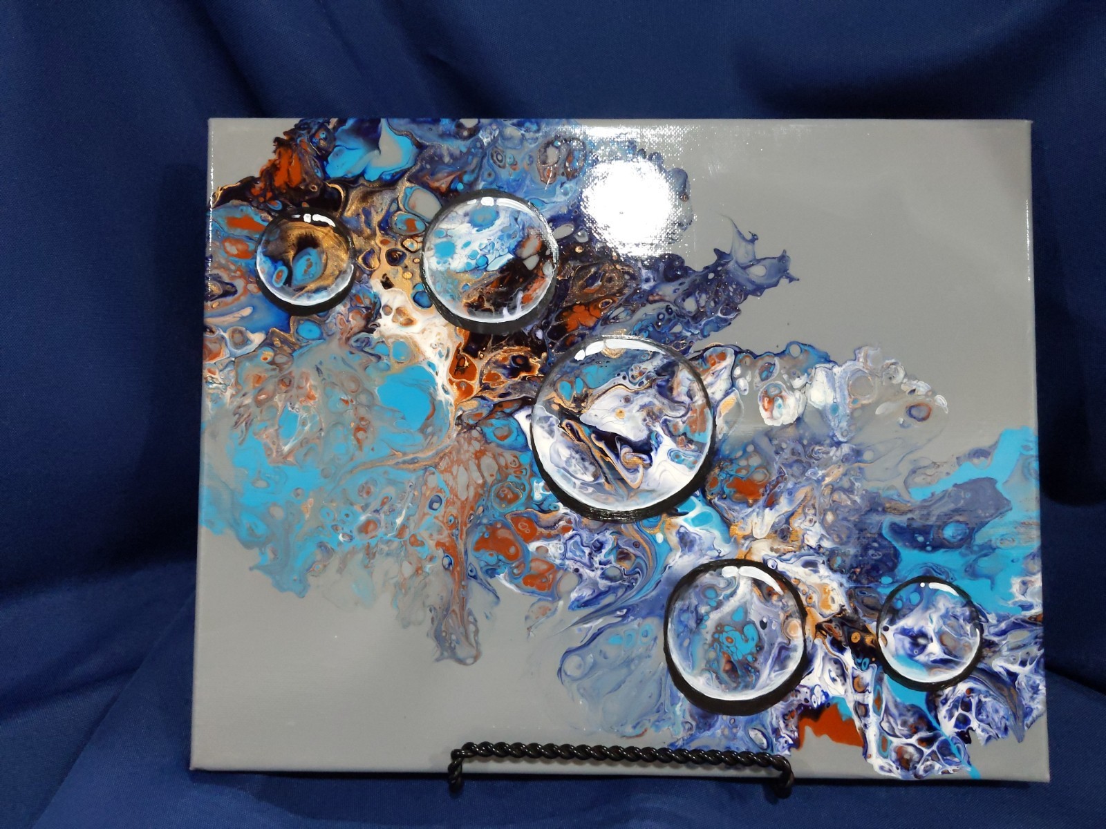 Bubbles on Turquoise and Grey acrylic pour, gold highlights 11″ h x 14″w x .5″d