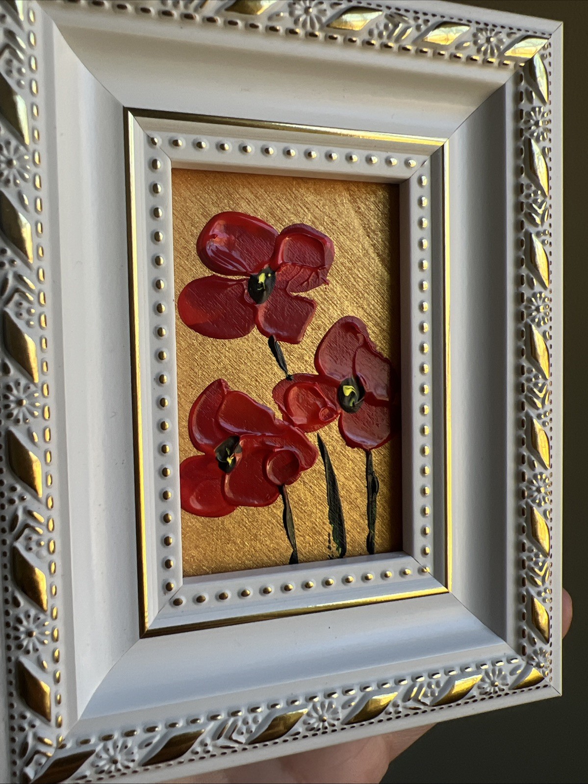 Red Poppies flowers, original,miniature Painting,small,mini, Framed,wall Art
