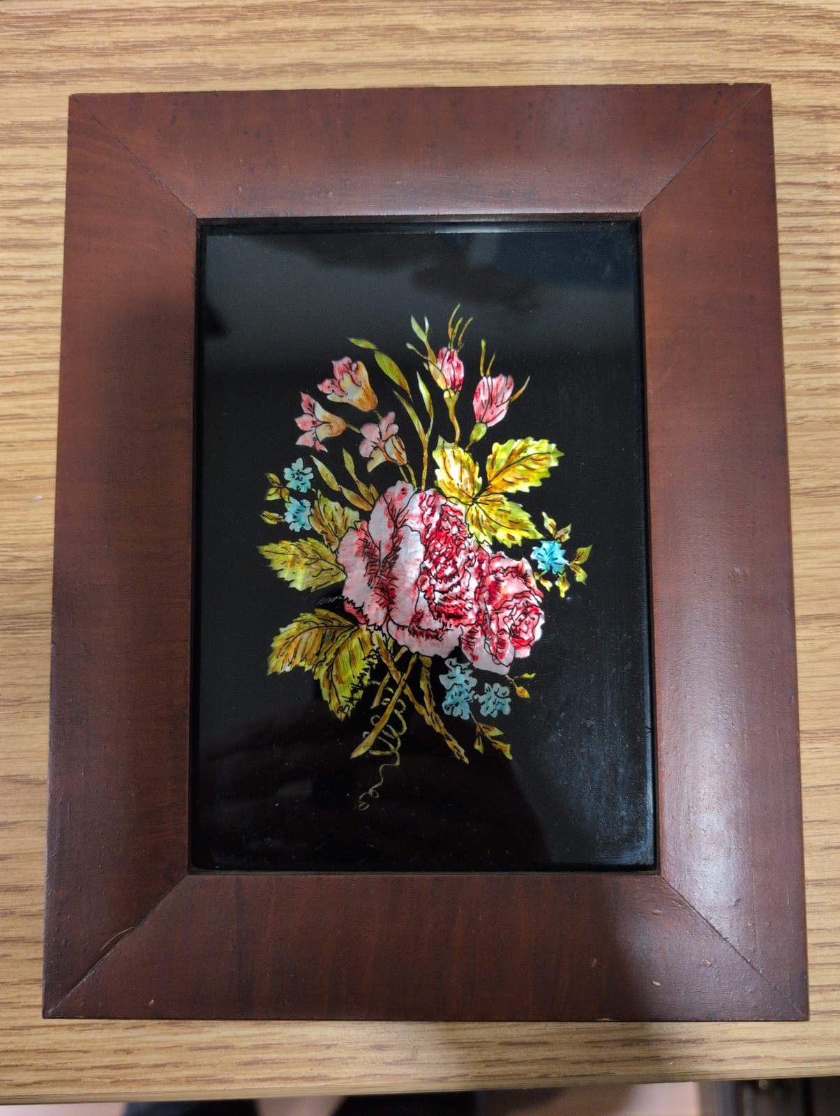 Vintage Beautiful Victorian Framed Tinsel Reverse Foil Painting Floral