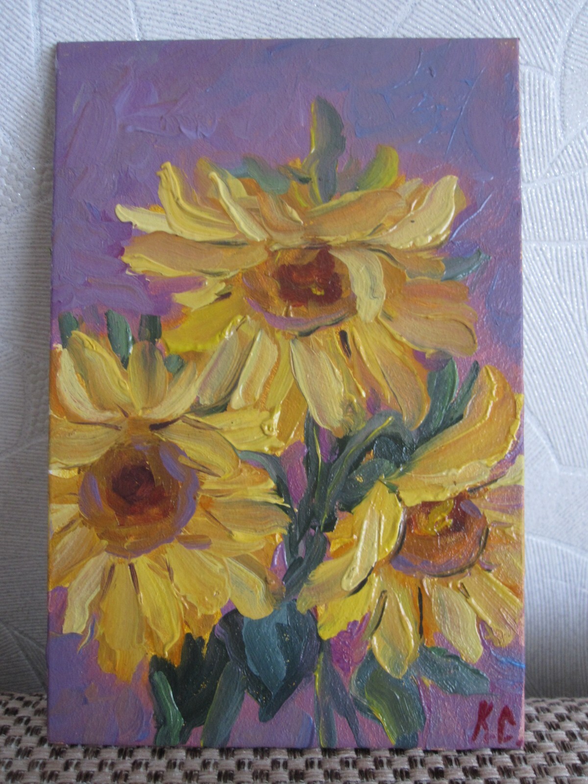 sunflowers original oil painting, small painting of sunflowers, flowers wall art