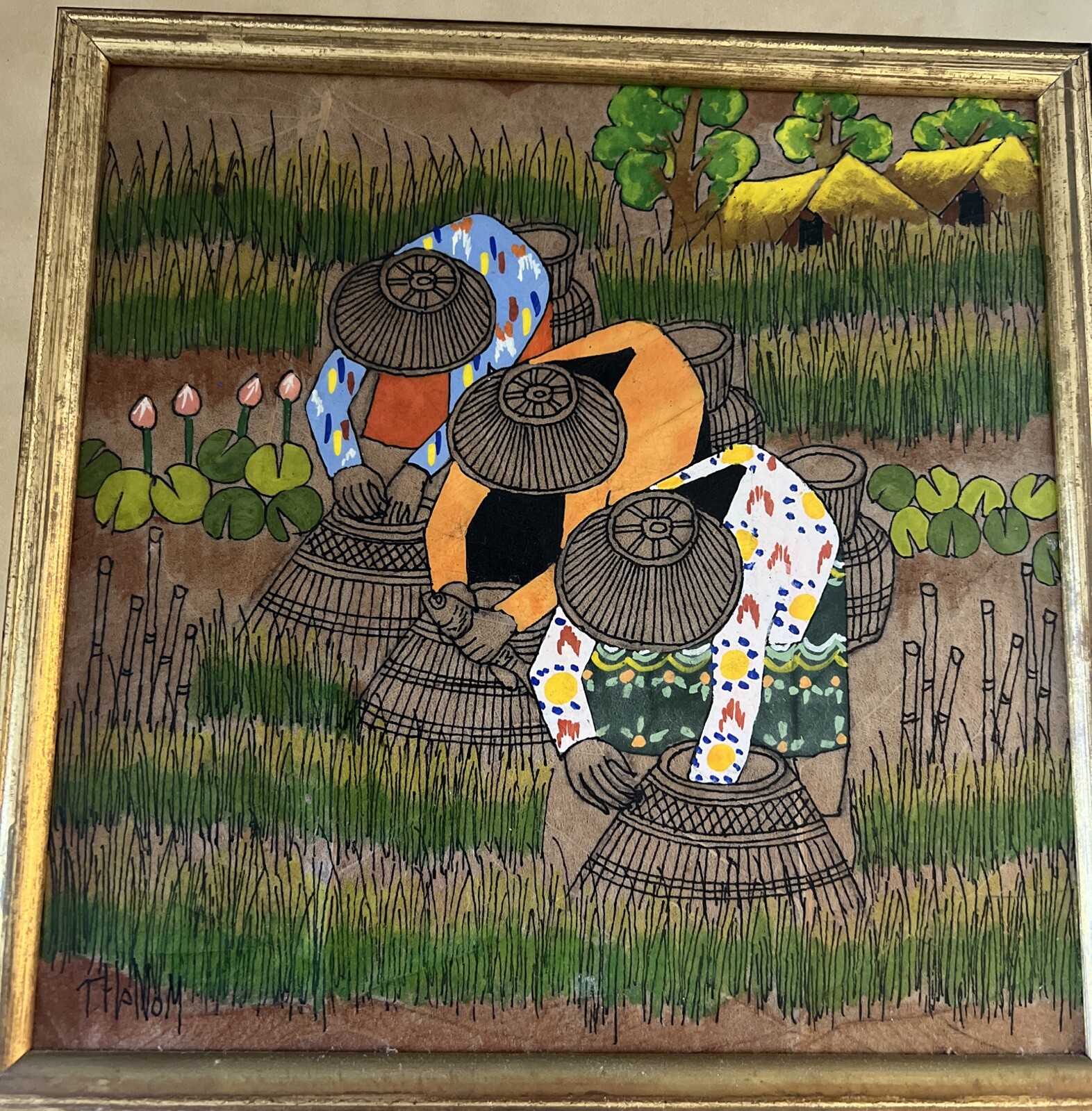 Asian Thai Expressionist Leaf painting-Artist Thanom-Vintage-MCM
