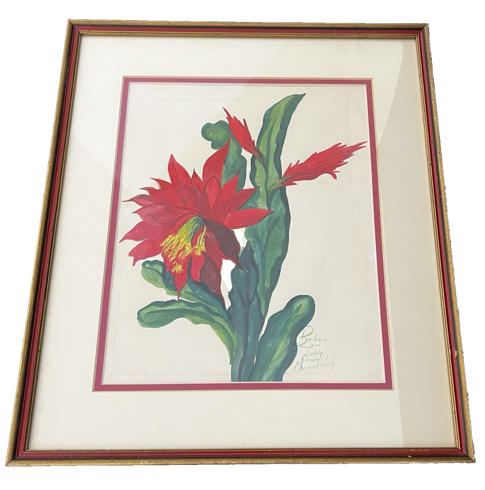 Original Signed Watercolor Orchid Cactus Red Flowers Framed Botanical Art 17×14