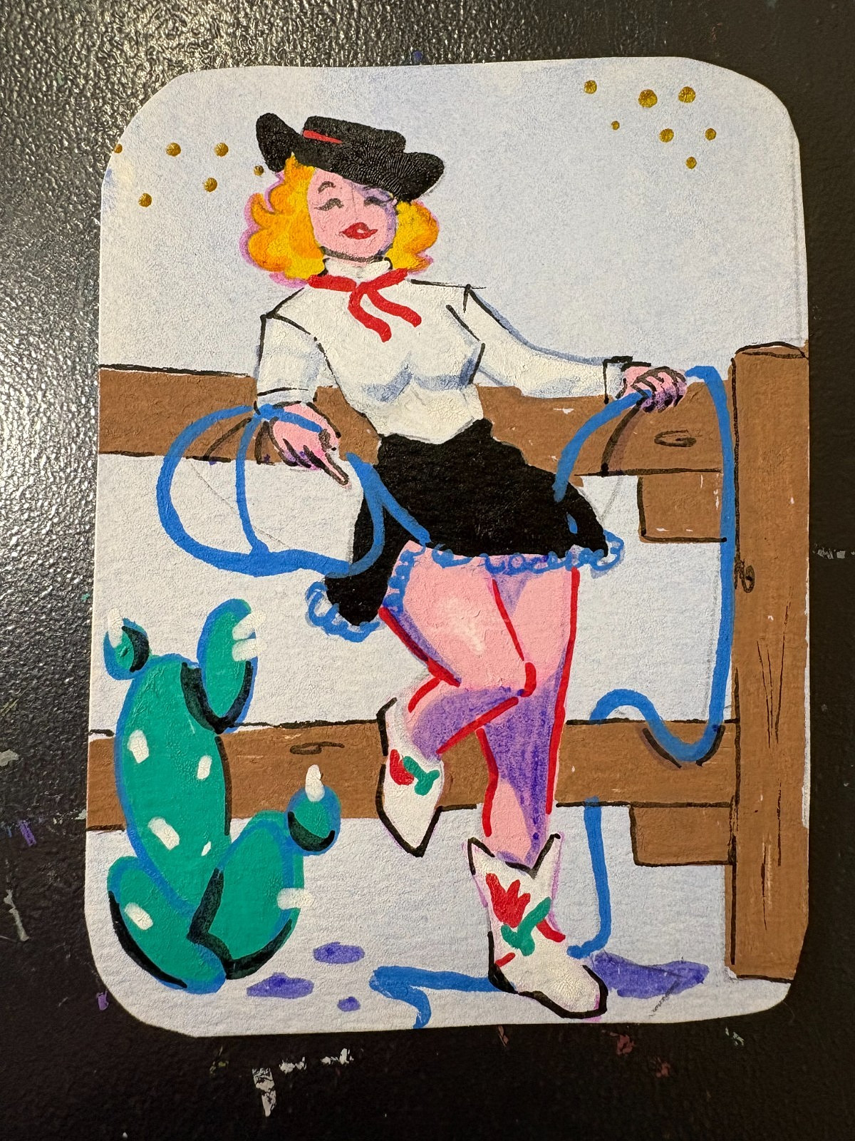 ACEO Original Modern Cowgirl Pinup Acrylic on Paper 2.5×3.5 by BrieMcDoodles