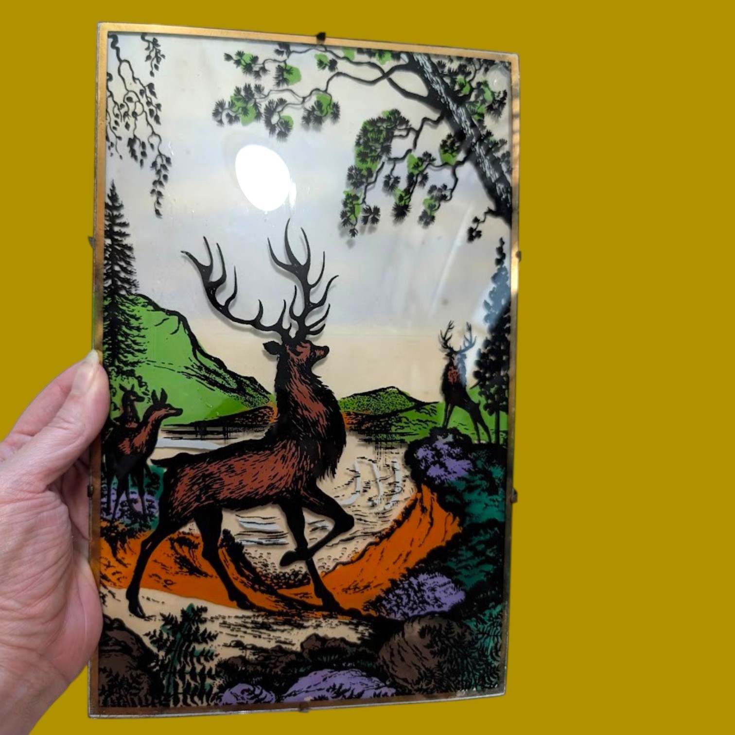 Vintage 1970s Kitsch Domed Glass Reverse Hand Painted Deer Stag Picture Plaque