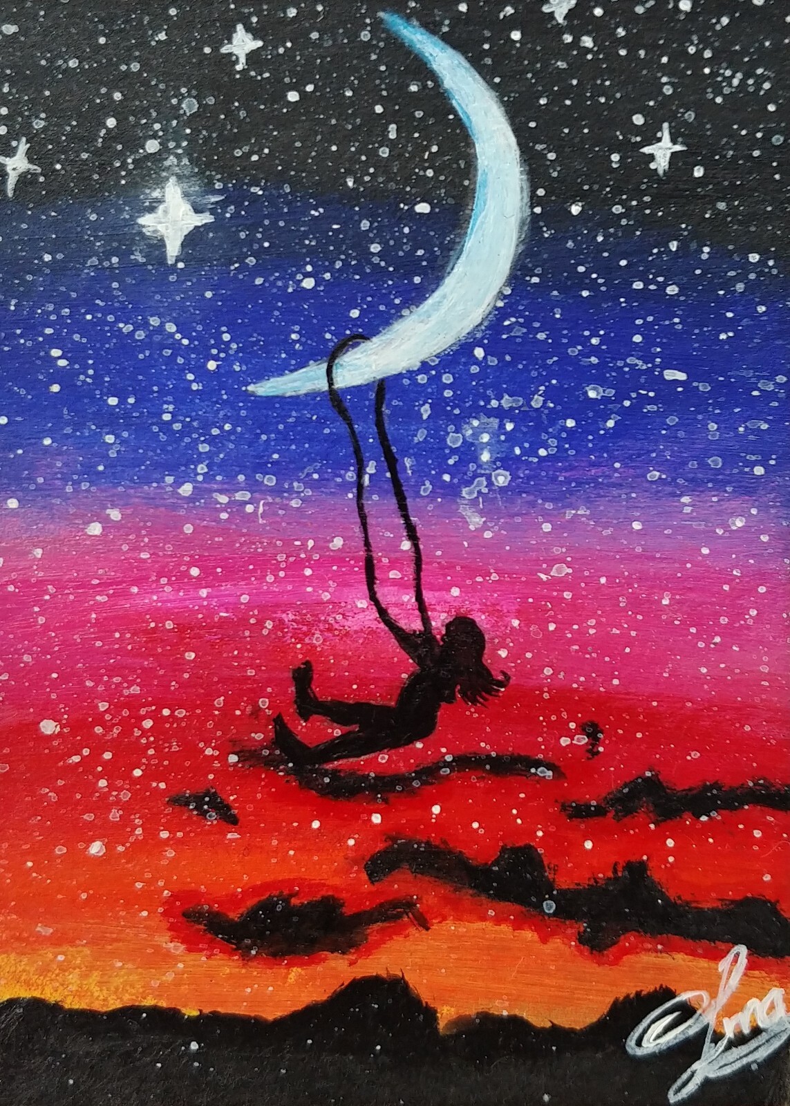 ACEO Original Acrylic Painting A GIRL SWING ON THE MOON Miniature Art Card New