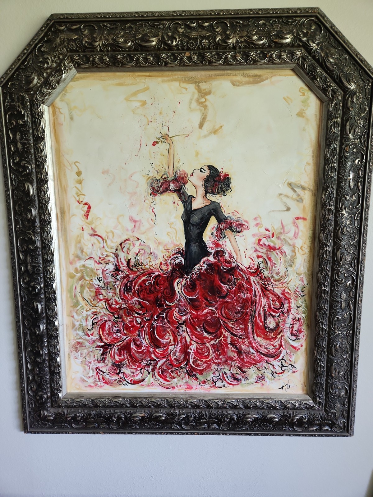 Vintage Spanish Flamenco Dancer Large Framed Oil Painting By Moreno 32″x 44″
