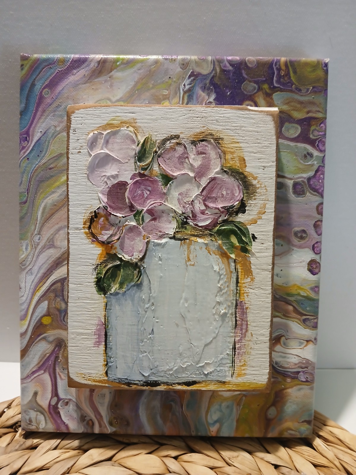 Handpainted Art on Wood and Acrylic Pour on Canvas