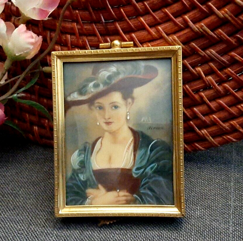 Miniature Hermo Signed Portrait French Lady Straw Hat, Peter Paul Rubens Style