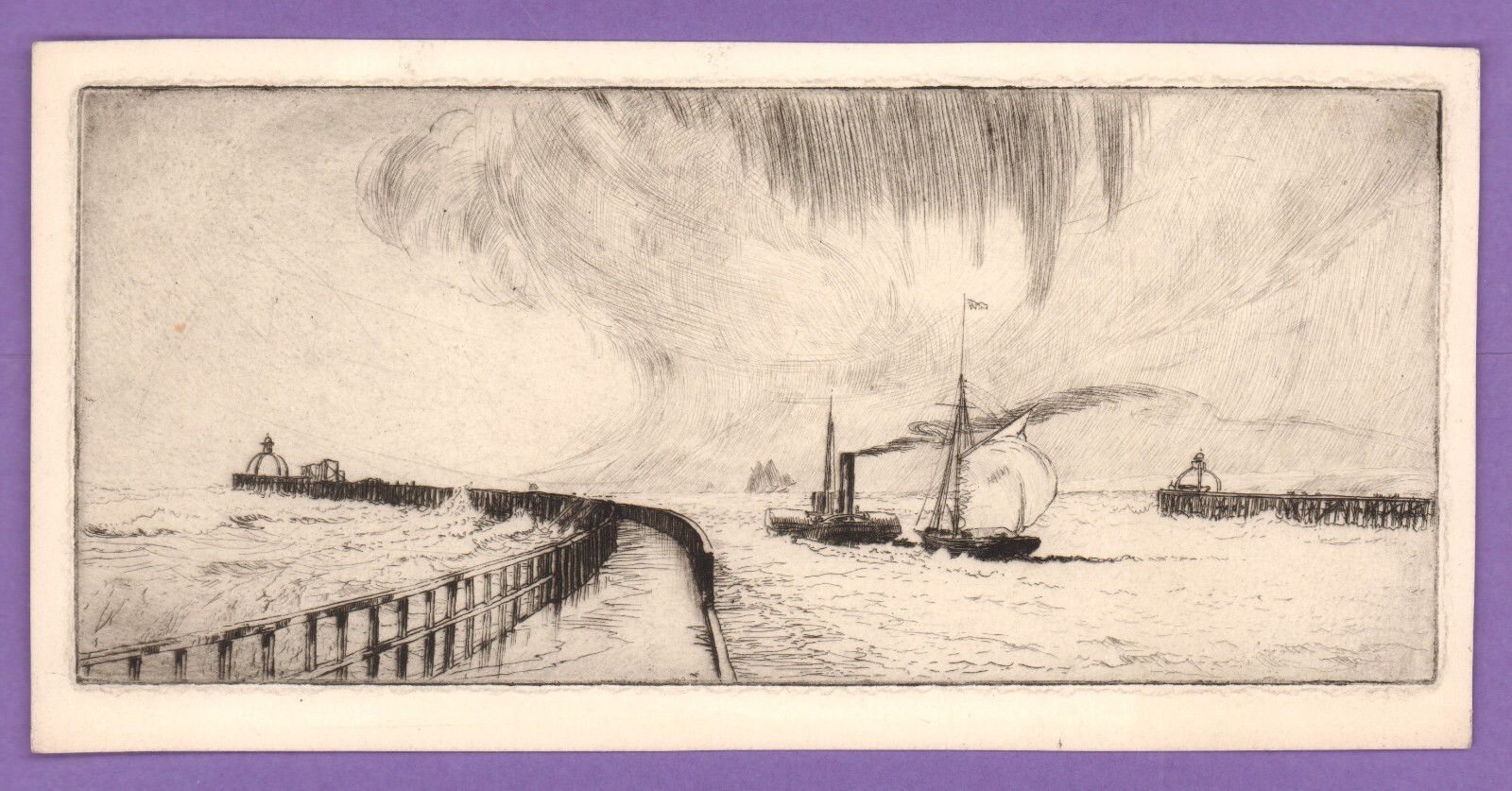 Etching: tugboat and sailboat. A1