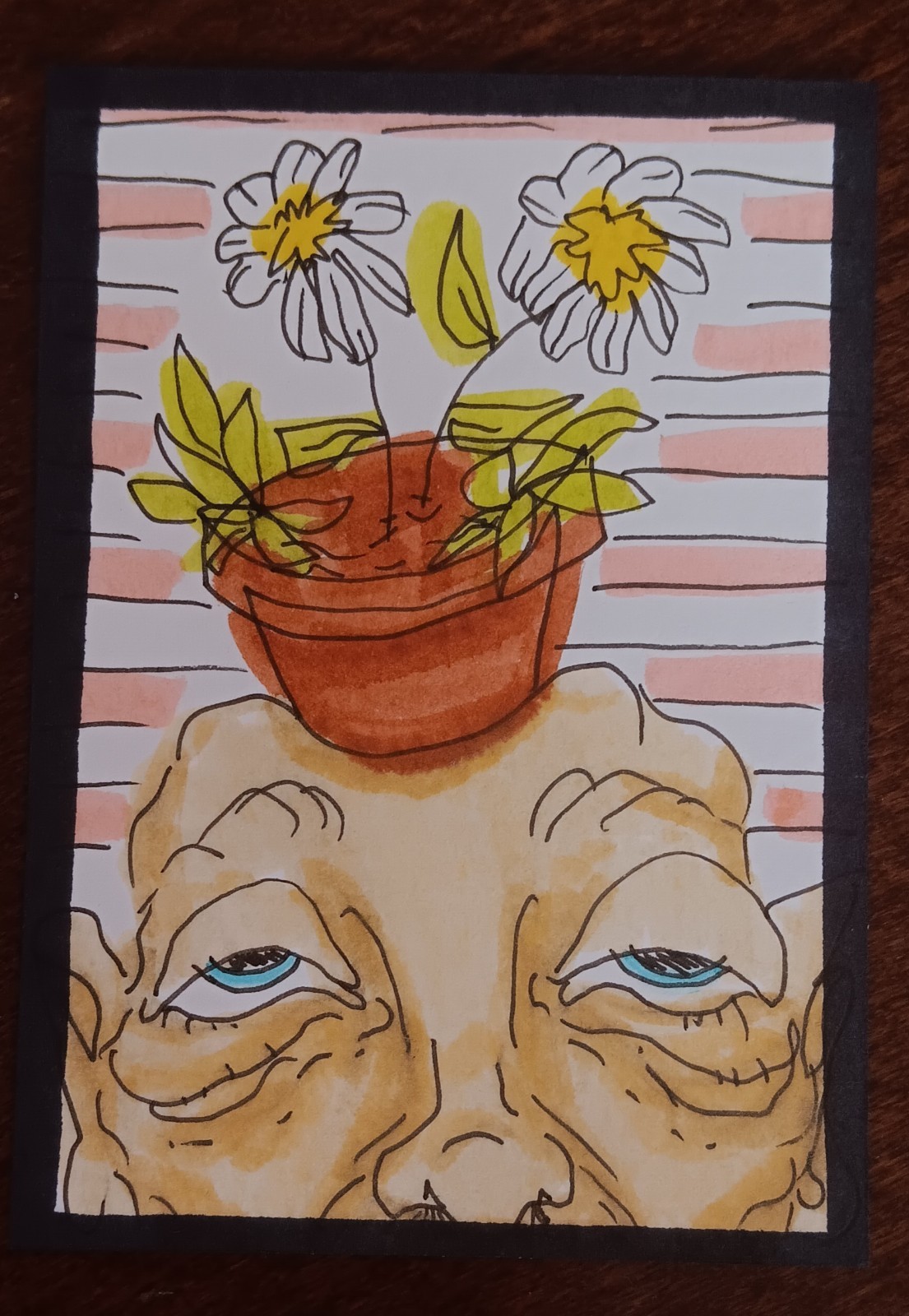 ACEO Art Card Mini Art Original Hand-drawn Flowers on Plant Man Illustration