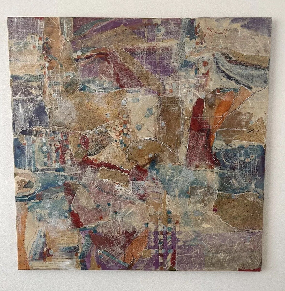 MCM Modern Abstract Oil Mixed Media Collage Ink Splatter Art Canvas 28”x28”