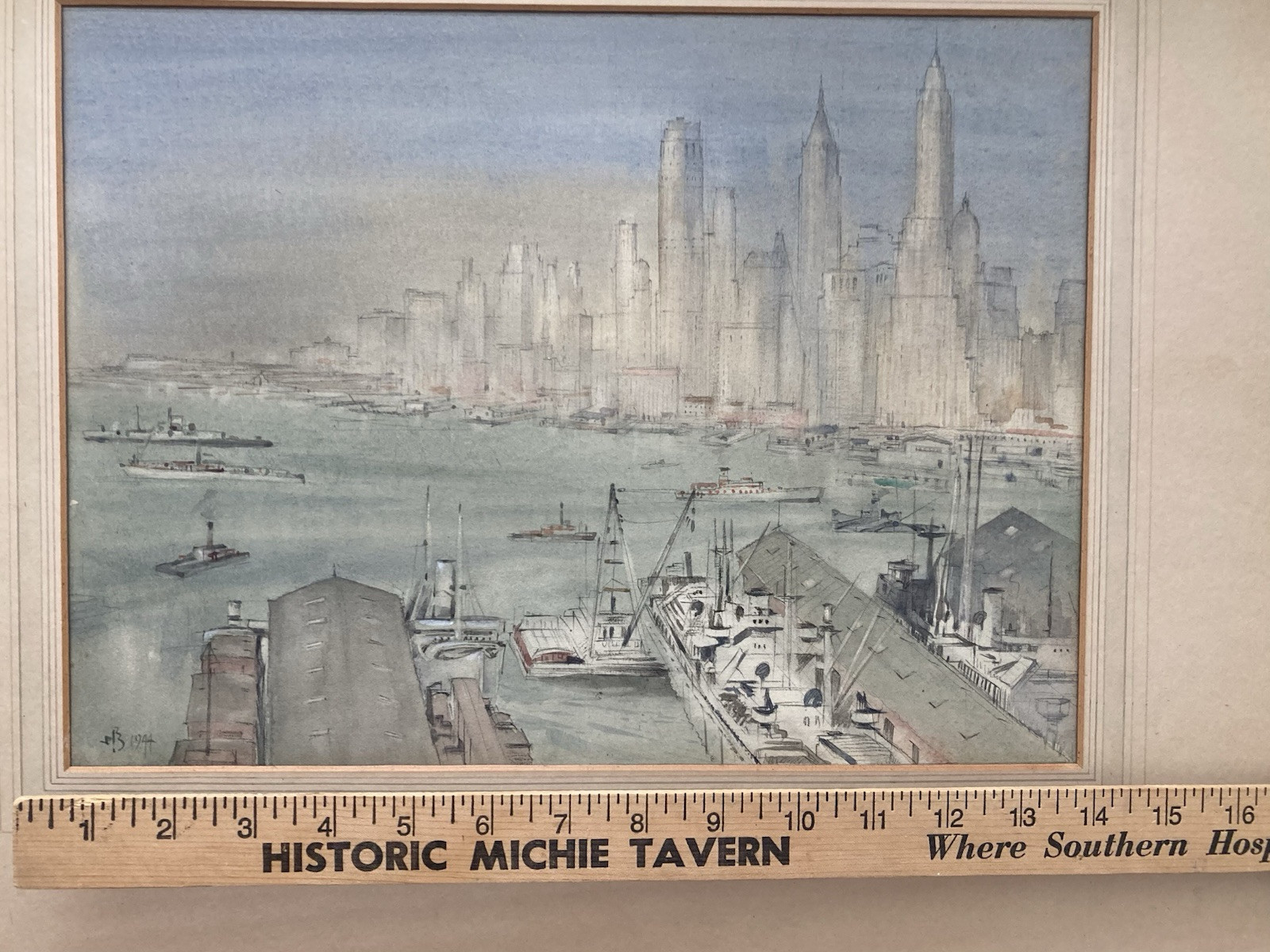 New York Harbor Painting WILLIAM BOWER DALTON 1944 Watercolor Skyline WWII Ships
