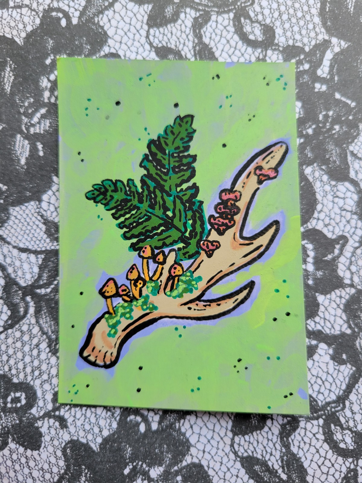 ACEO, Mushroom and Bone, Original Art Card, Acrylic Marker Painting, by HDawn