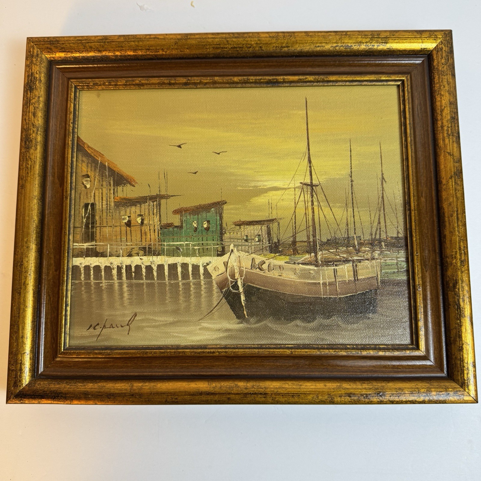 VTG Boats In Harbor Seascape Original Oil Painting By K.Paul 8”x10”» Korean MCM