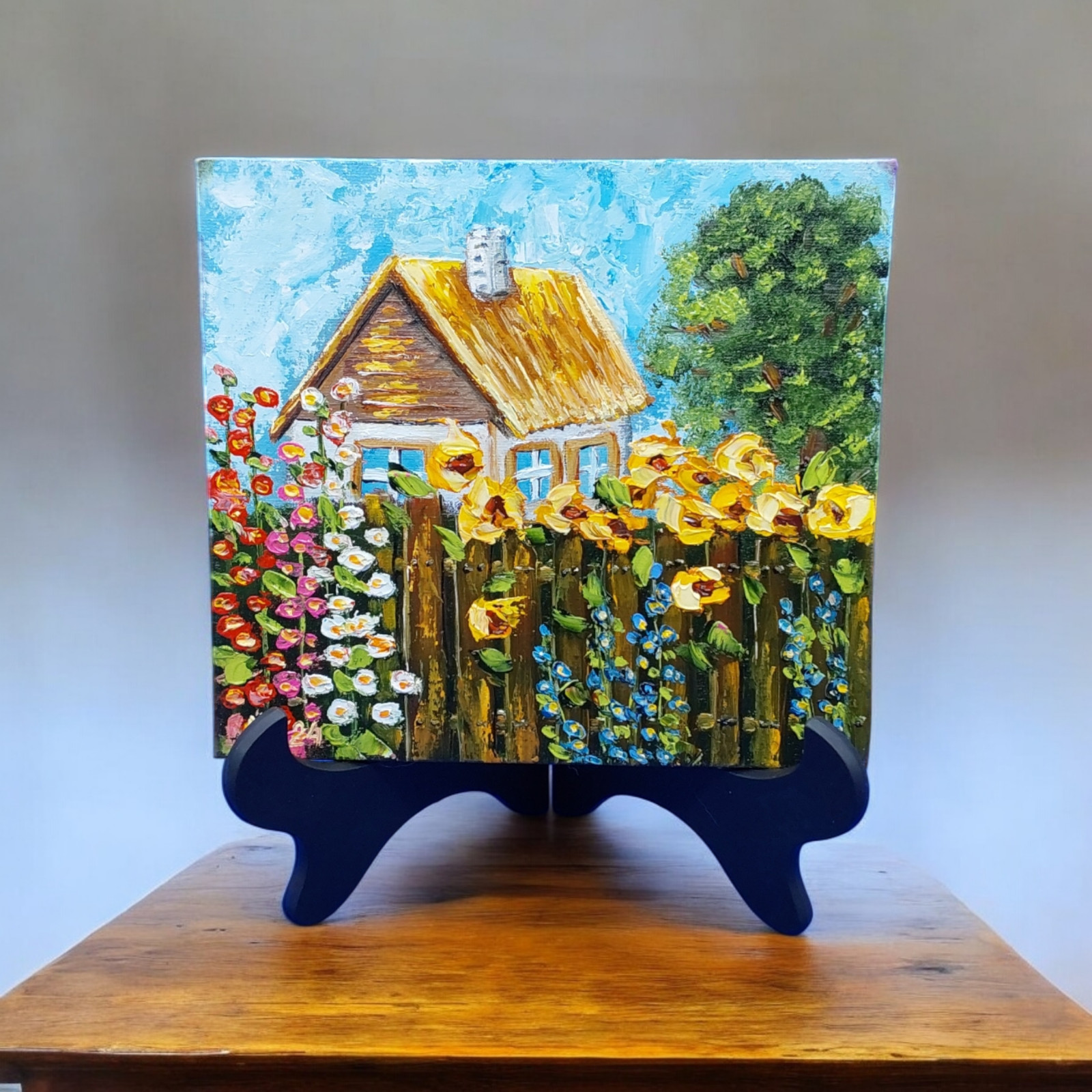 Original Rustic Cottage Painting with Sunflowers, Farm Art, Oil on Canvas 7×8 in