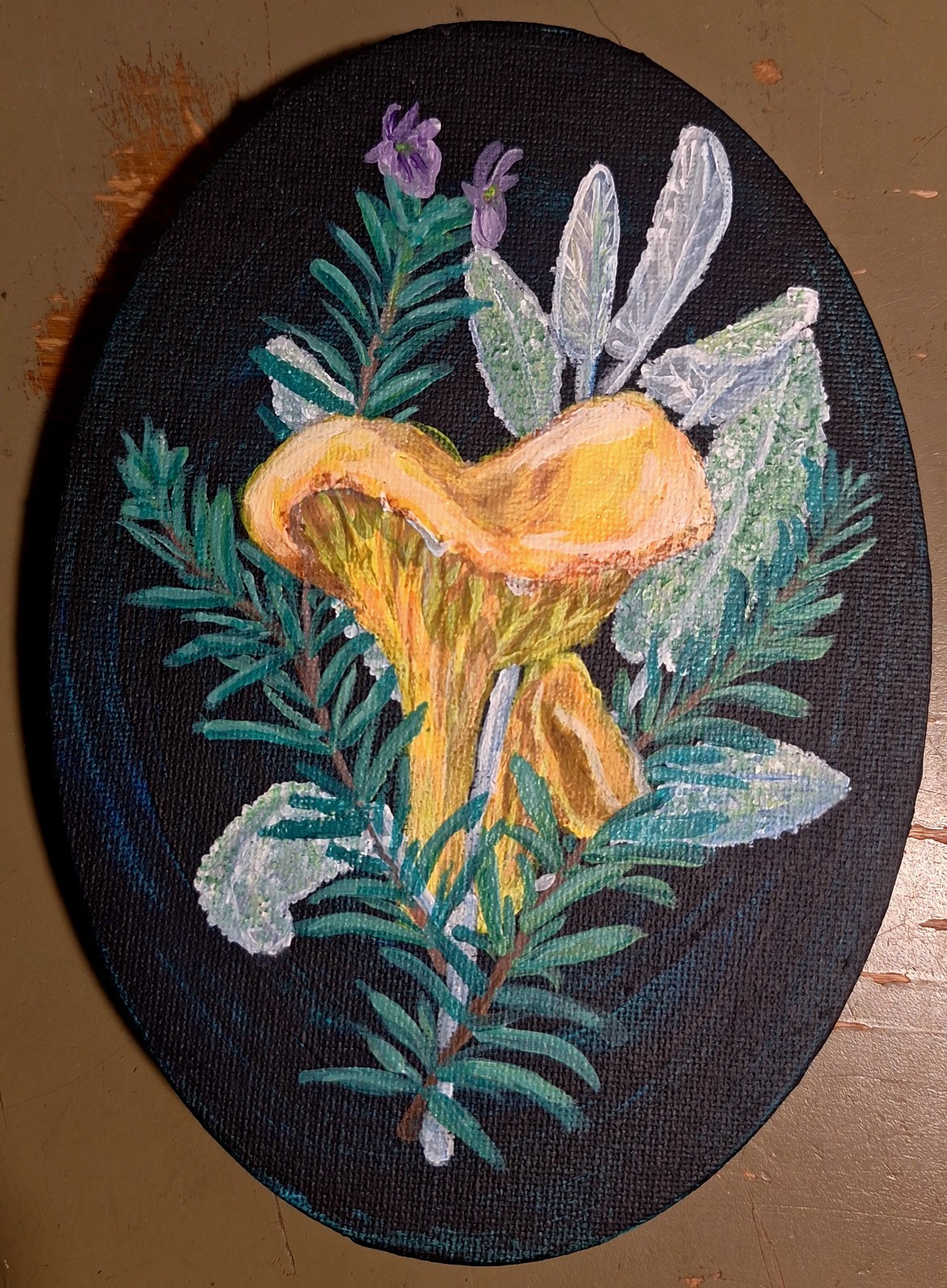 Chanterelle Mushroom with Rosemary and Sage 7×5 Acrylic On Canvas – Lin Holbrook