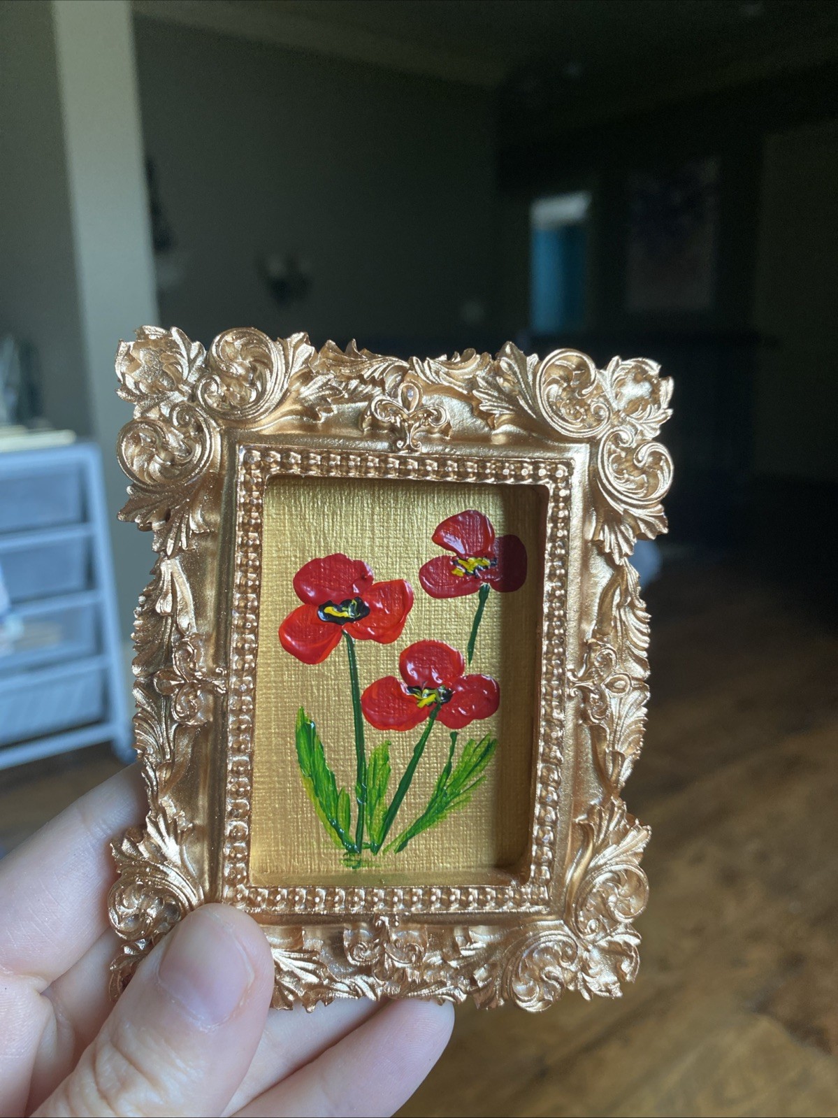 Red Poppies Flowers Original Painting On Paper,miniature,small,gold,framed