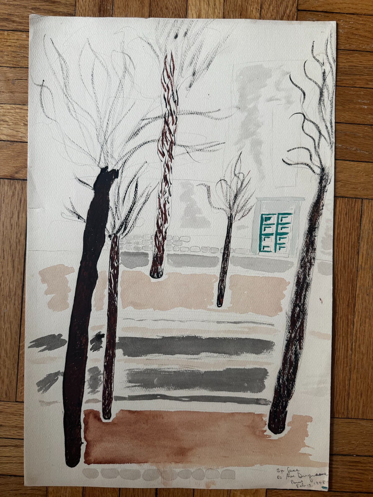 French 1940s Original Watercolor Gouache Painting Landscape Paris Street 19×12