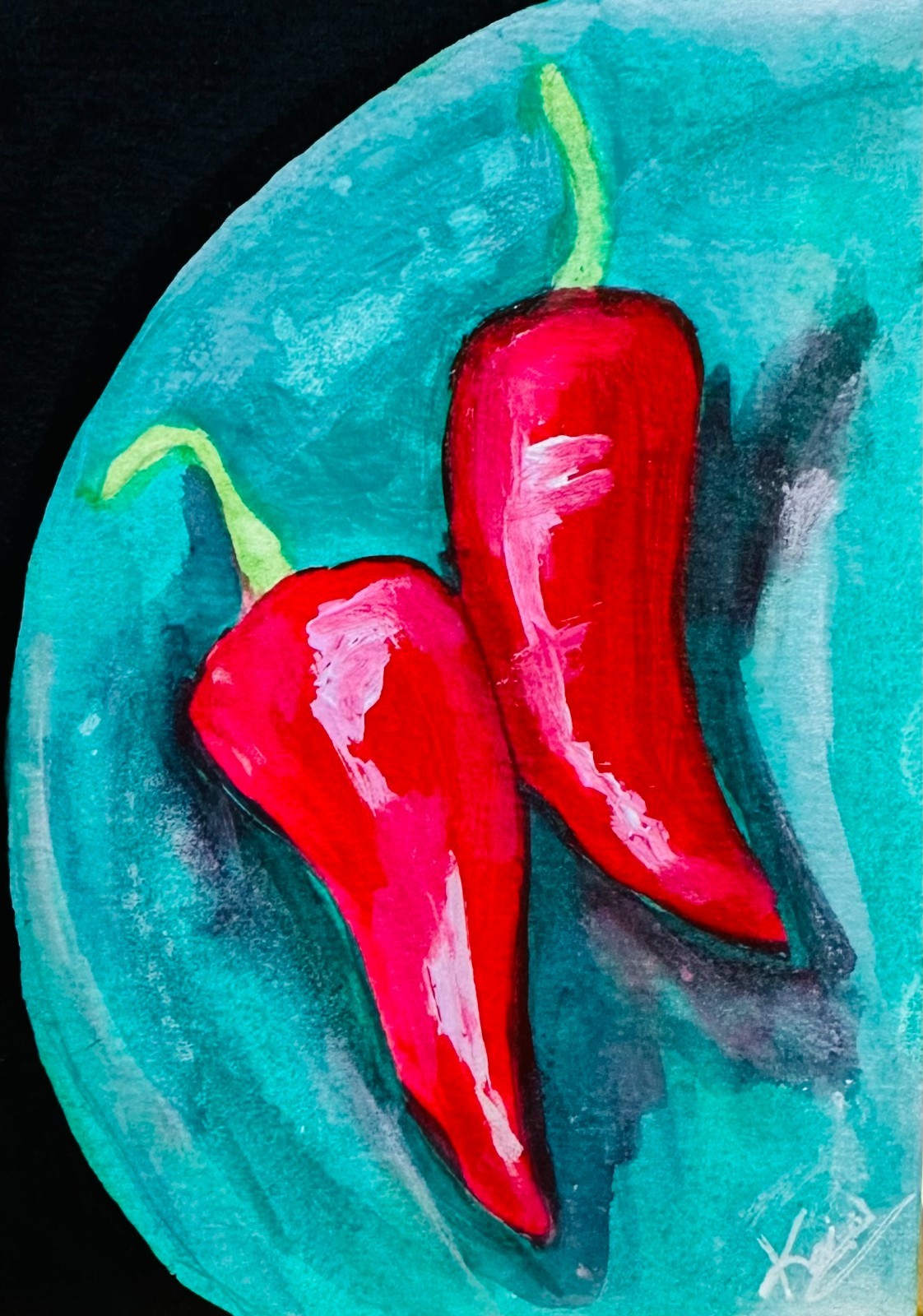 Red Chili Peppers Original ACEO Acrylic Painting Kitchen Food Art Miniature OOAK