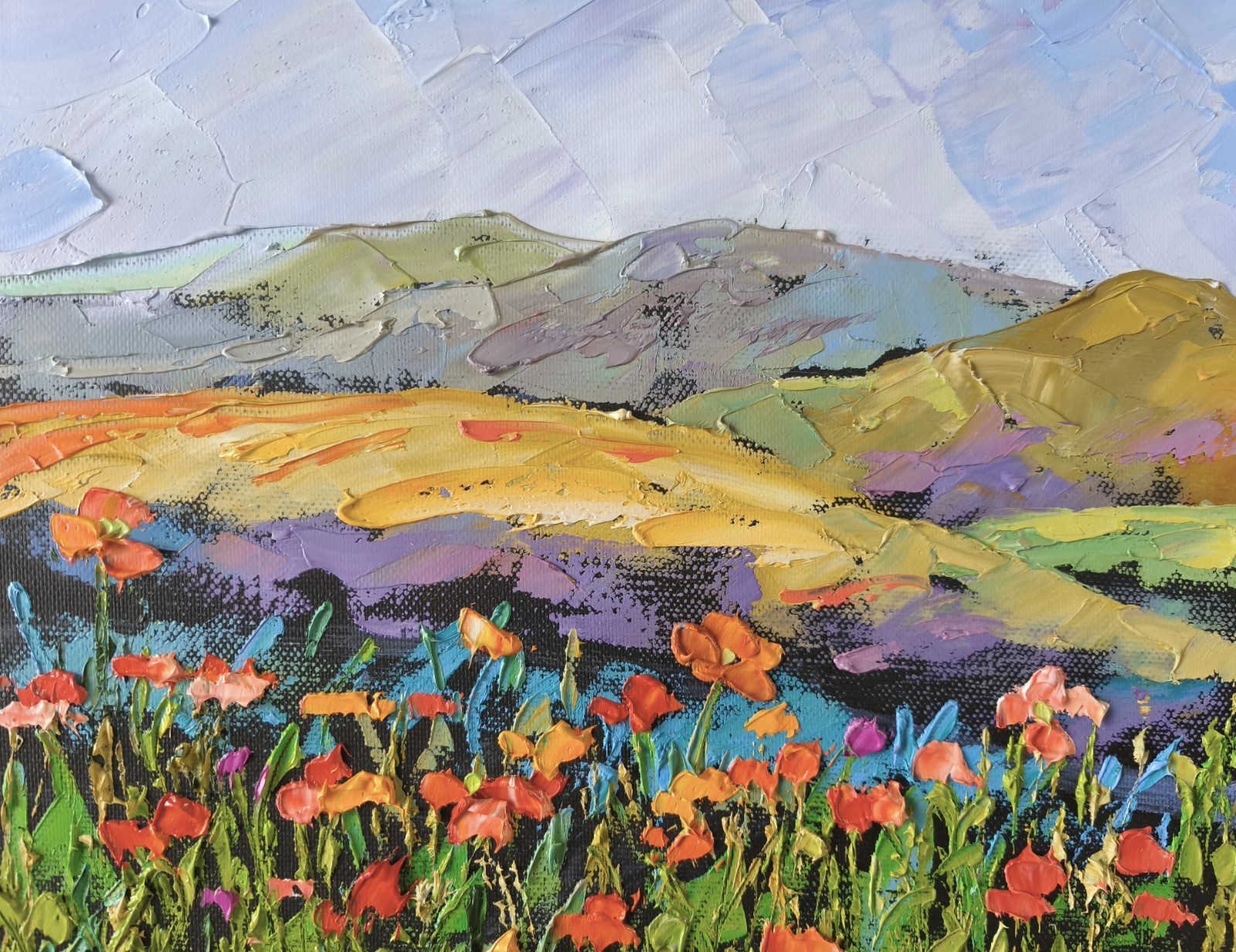 Landscape Original Oil Painting California Poppies on Canvas 25x30cm Signed Art