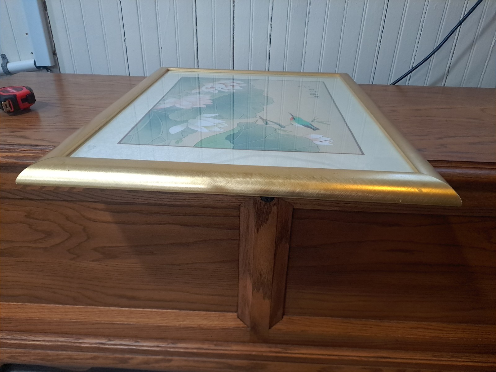 Vintage Oriental Watercolor On Silk Painting W/ Kingfisher And Lotus Flowers