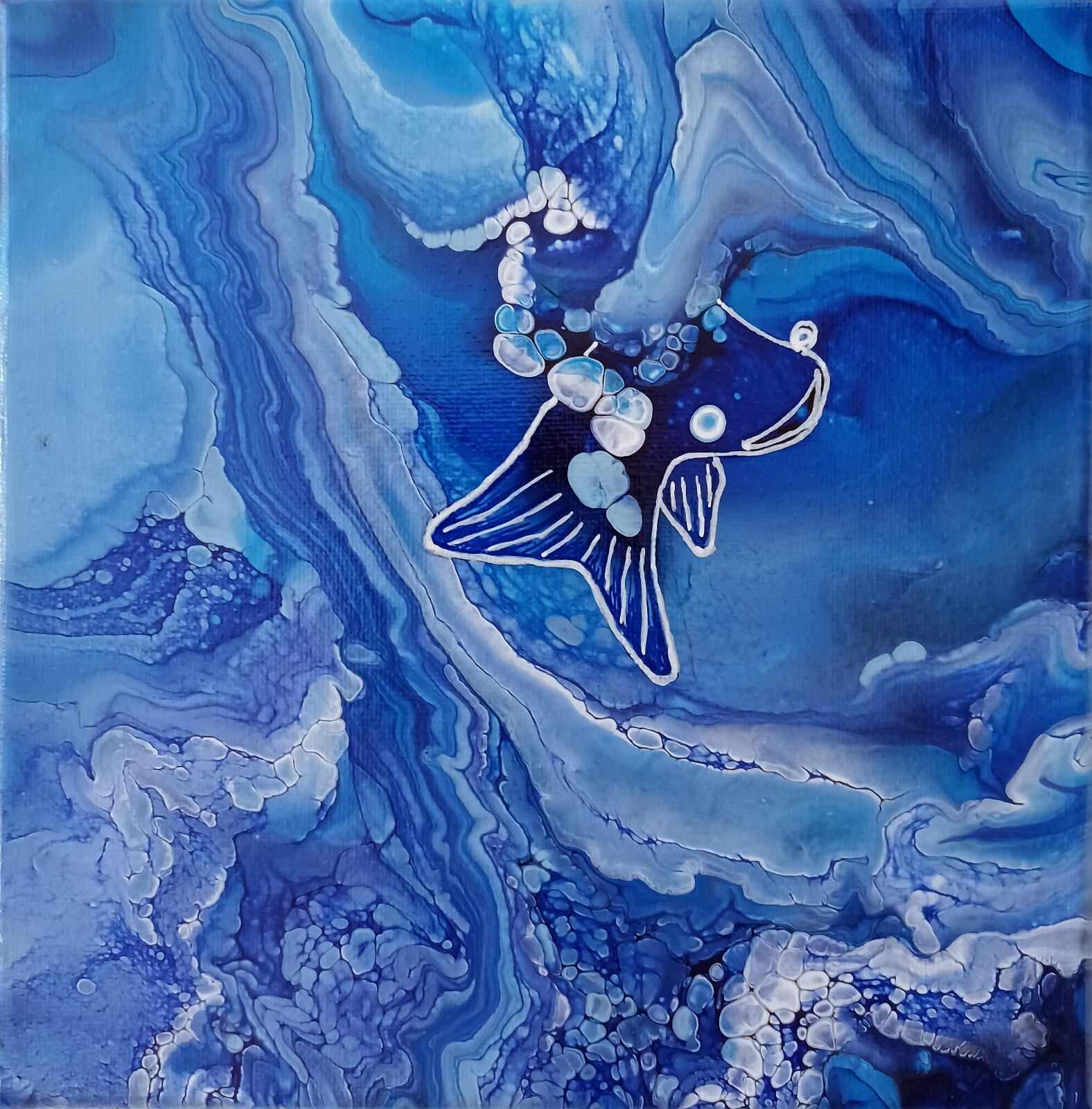 Art, Painting, Paint Pouring Technique, Acrylic on Canvas, Blue Fish 8 x 8