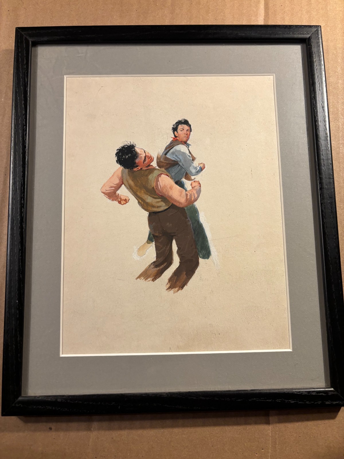 Original Illustration Art Painting Two Guys Fighting Western Themed Well Framed