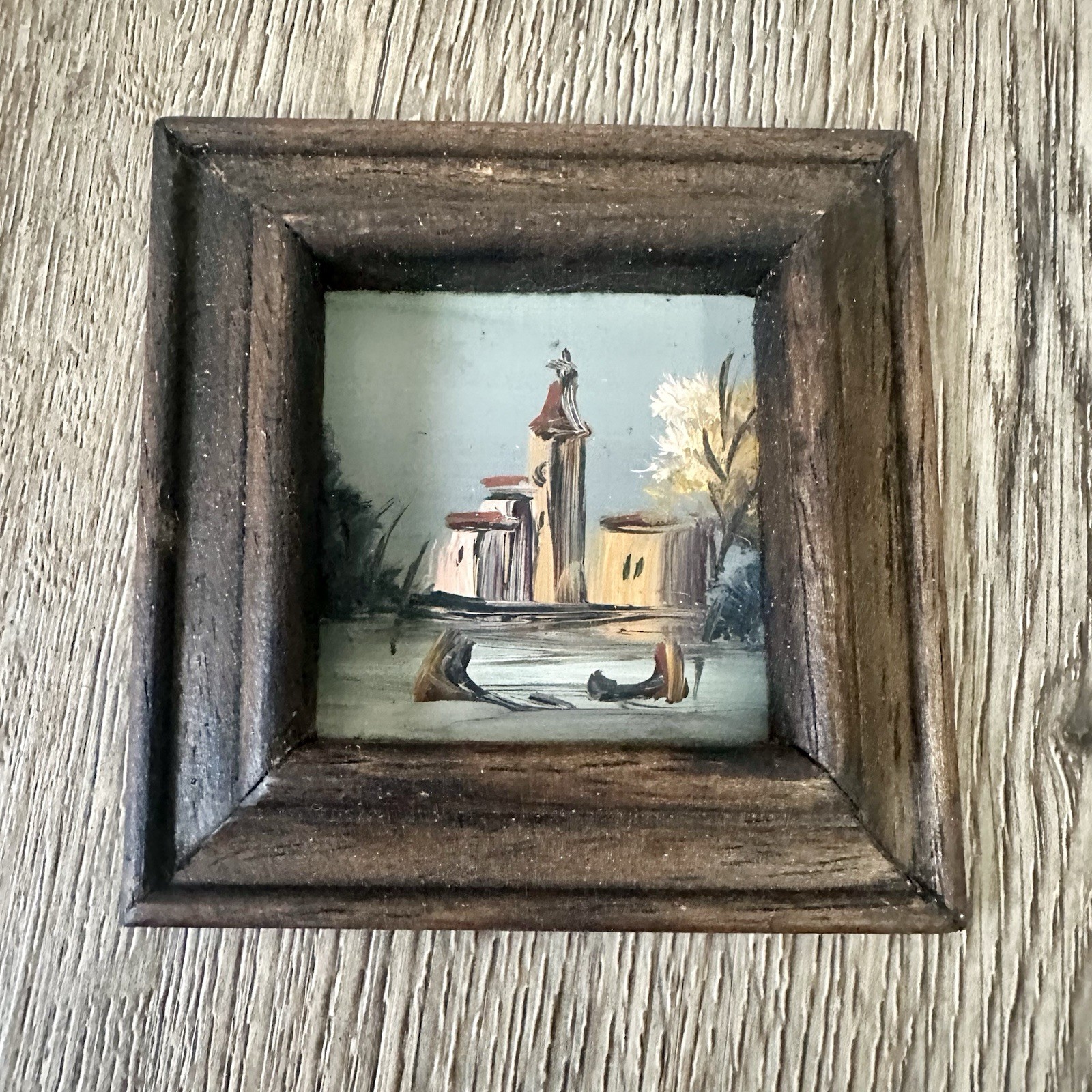 Vintage Enamel on Copper Artwork Miniature Church Painting 1970s Framed 3.25”