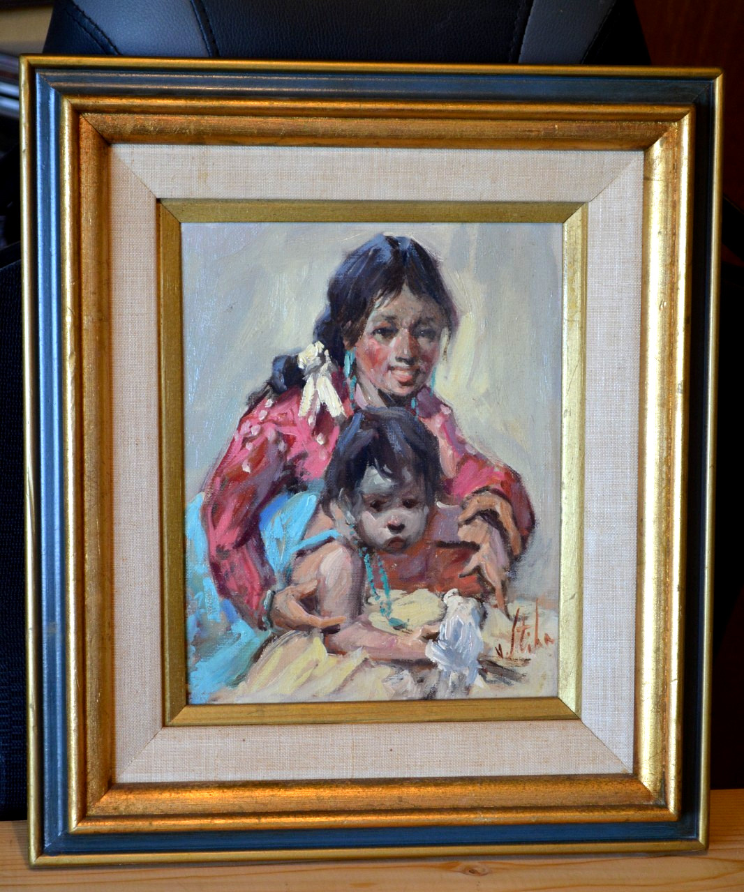 Native American woman and a child by Santa Fe artist Vladan Stiha (1908 – 1992)