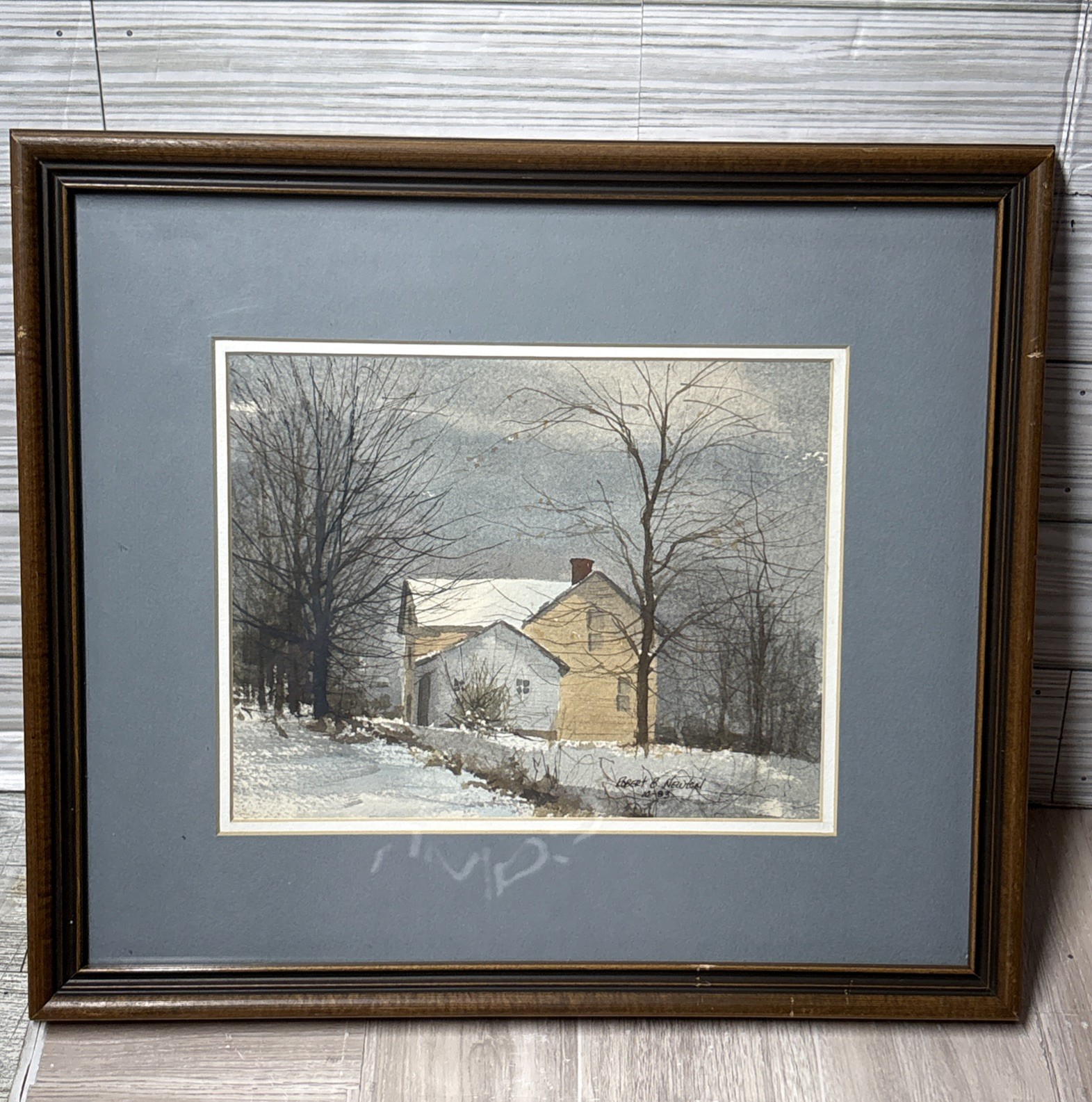 Robert B Newton Framed Painting House And Tree Winter Signed 1983 15”x13.5”