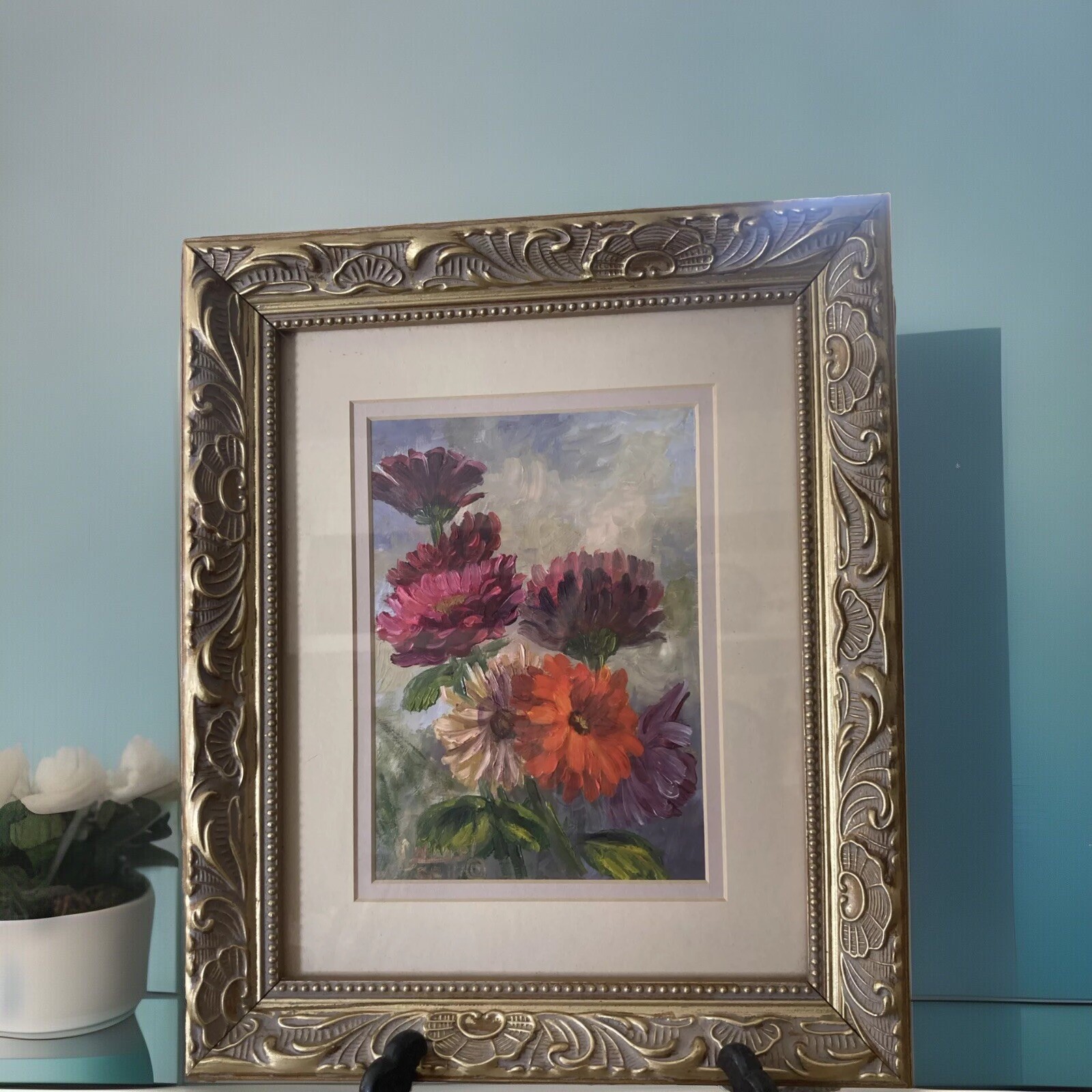 Painting Oil Signed By GW Greta Wiwel #960 Zinnias Seven 8×10 On Gessoedpaper