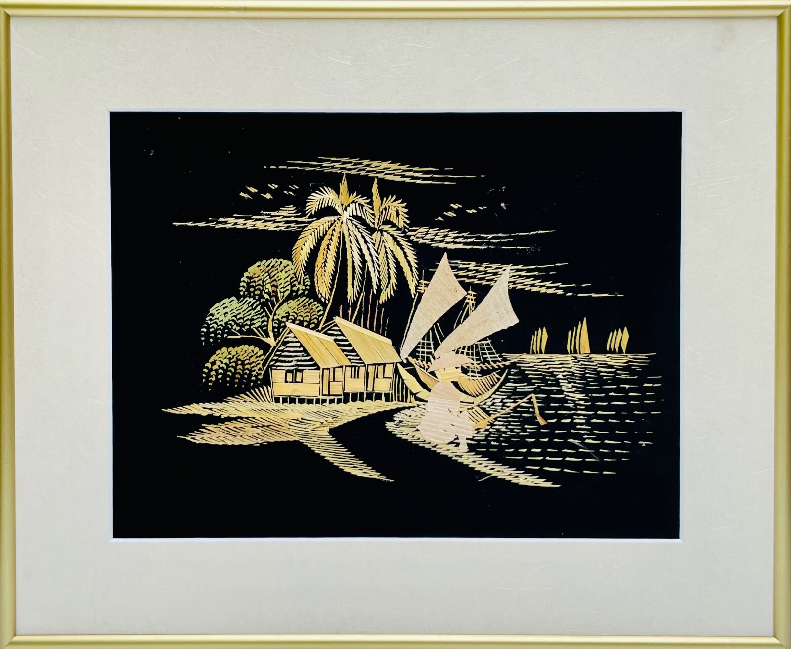 Vtg Mixed Media Collage Painting W/Real Bamboo on Black Velvet Thailand Village