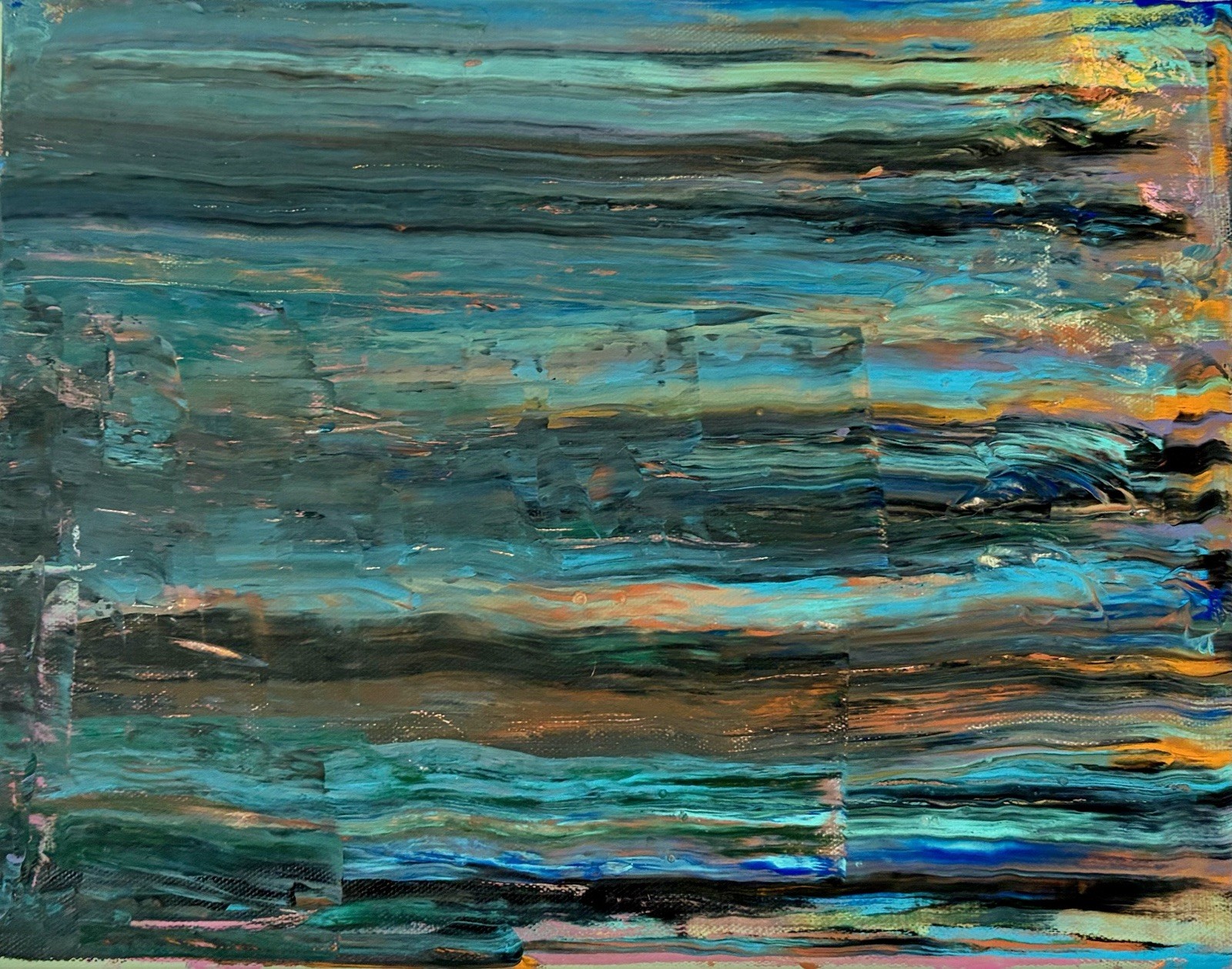 Abstract Textured Painting Blue/Green/Orange Tones, Unframed Single Piece