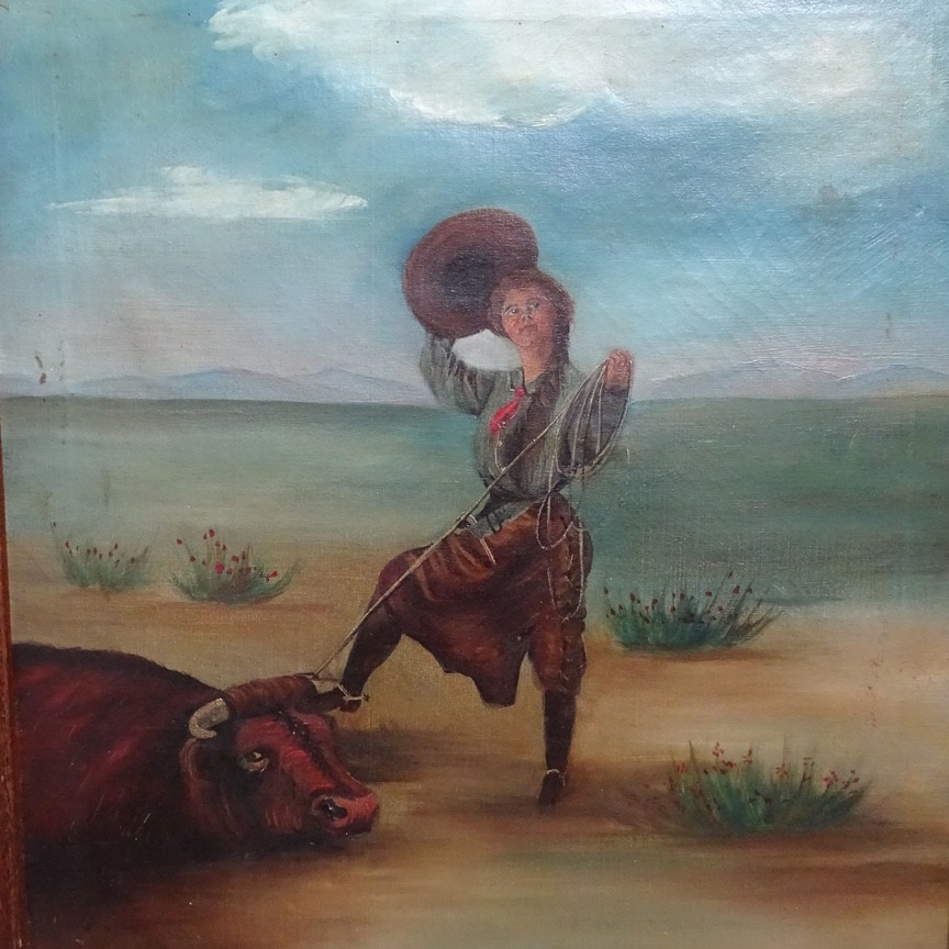 Antique Original Oil Painting on Canvas COWGIRL Roping A Bull Framed 17×16 in