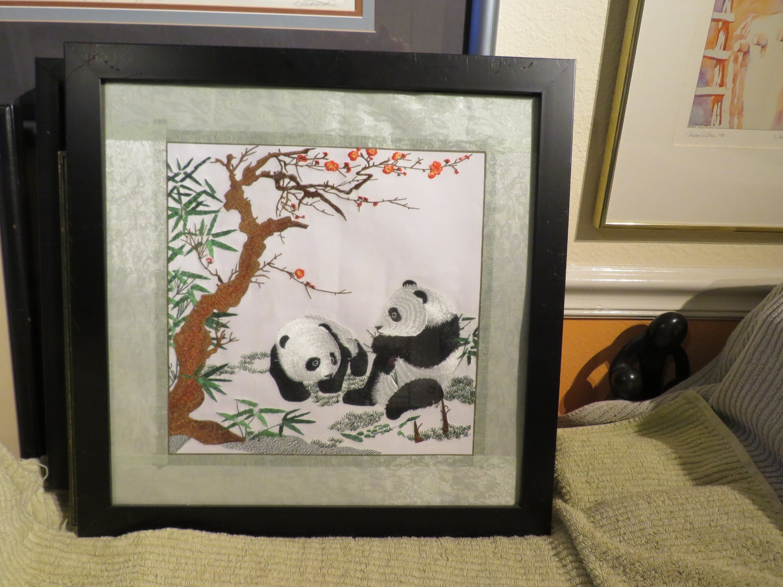 HIGH END HANDMADE OOAK Chinese silk with embroidery of Panda Bears in the snow