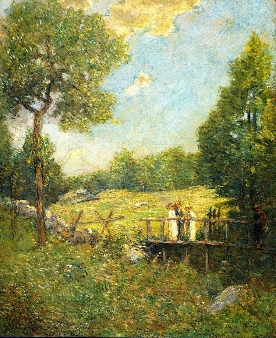 Ｏｉｌ　ｐａｉｎｔｉｎｇ julian alden weir – The Fishing Party figures in landscape canvas