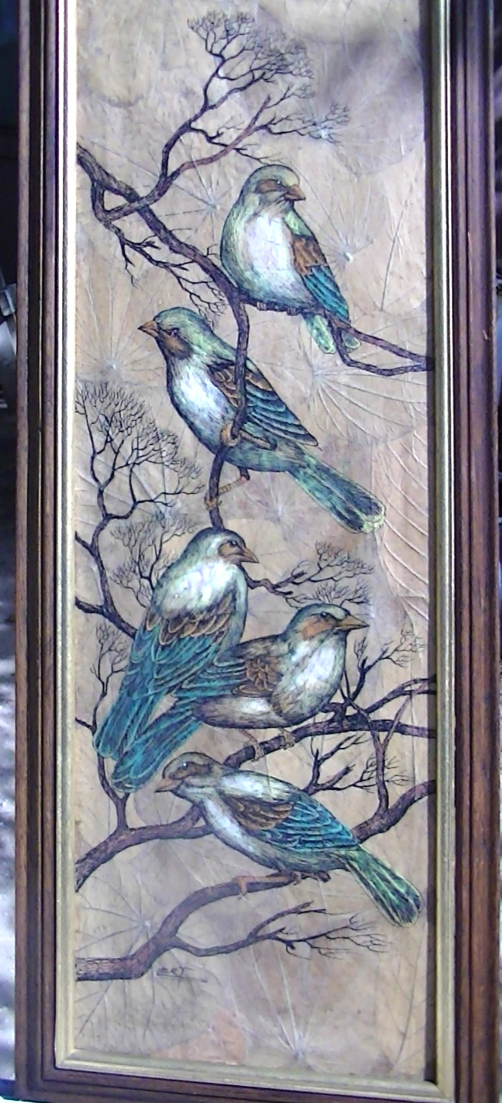 Vintage Art Piece by LERT 10″X 25″ 5 Birds Masonite leaf surface