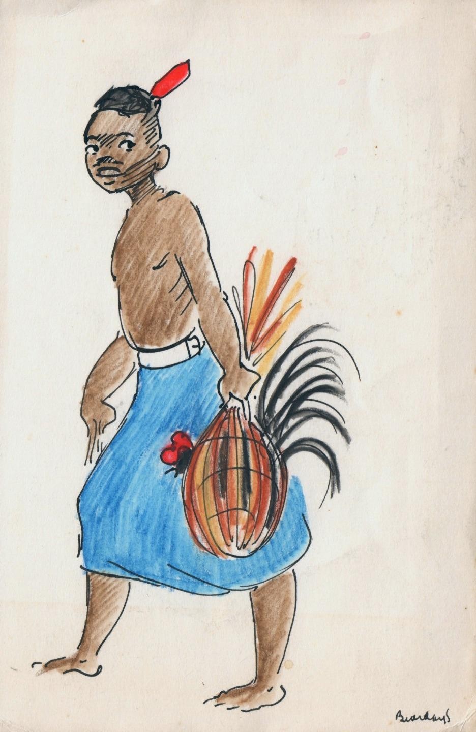 1957 Original Comic Drawing Caricature African Boy with Rooster in Woven Basket