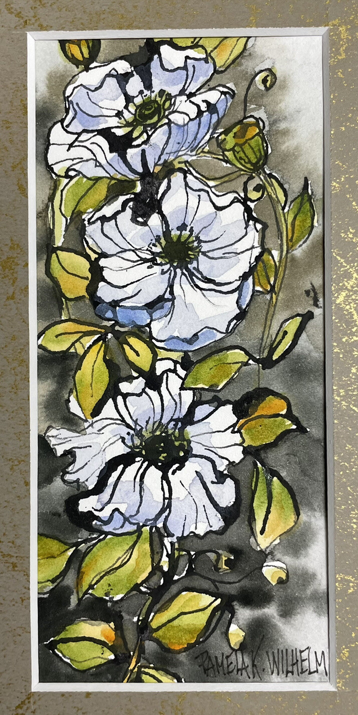 Pamela Wilhelm original Matted To 5×7 White Flowers Flowers Ink & Watercolor