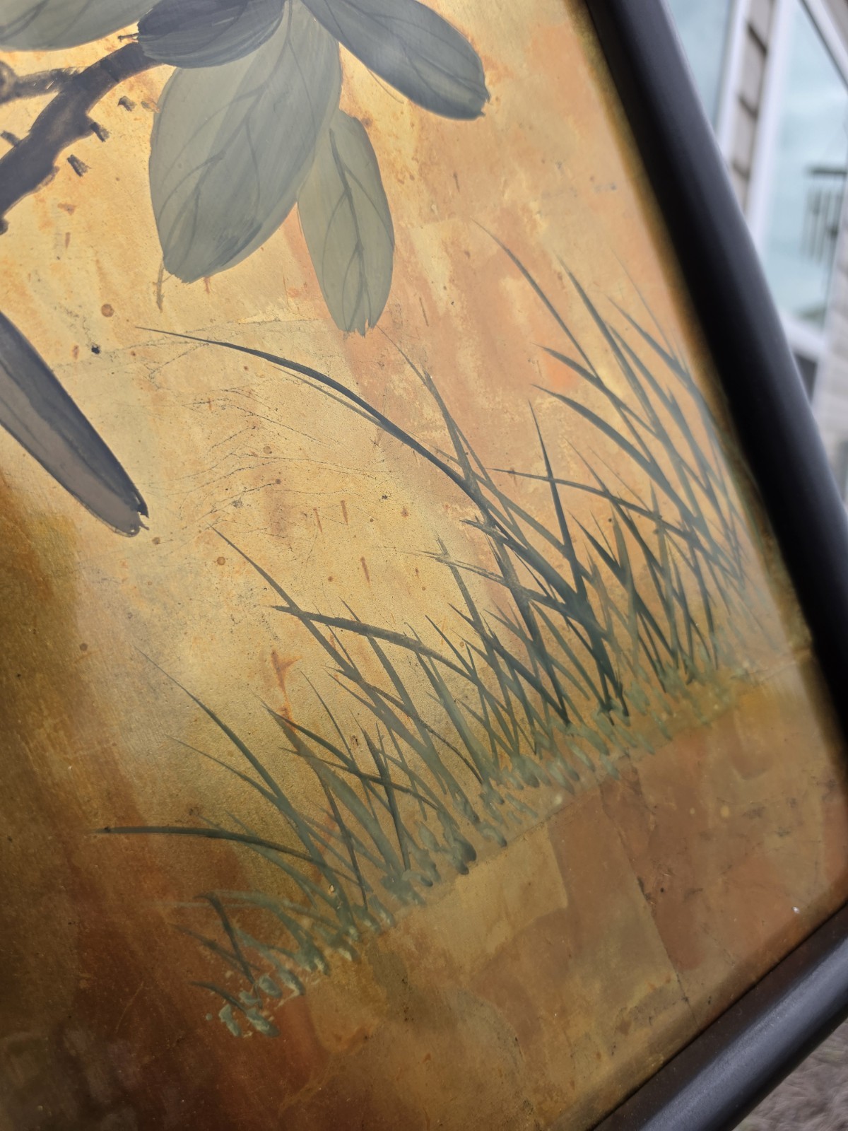 VTG Chinoiserie gold leaf and paint on wood. Bird on Branch with Blue flowers.
