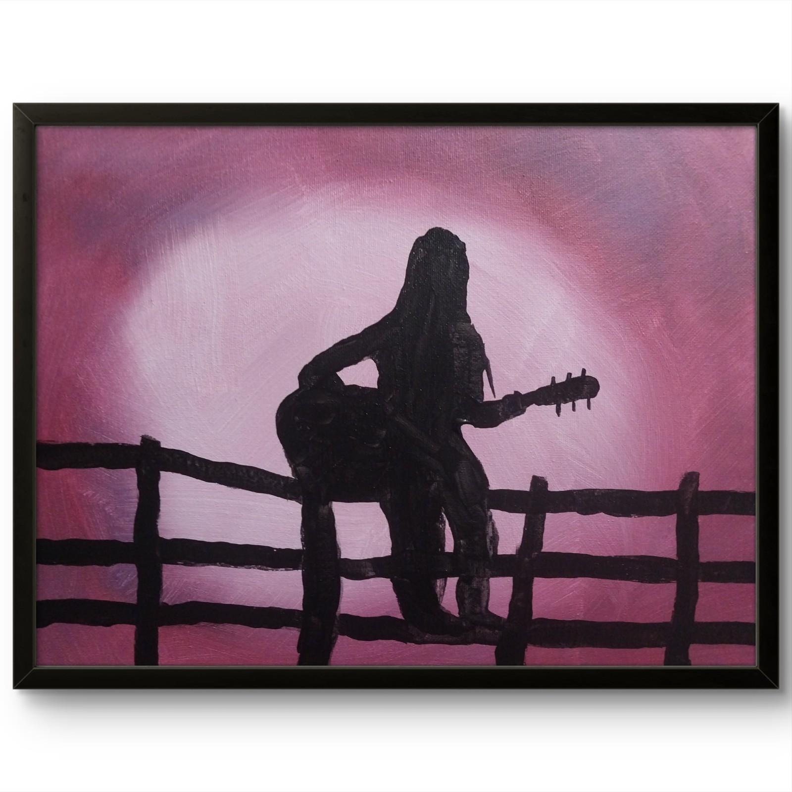 Lady Guitarist Silhouette Original Canvas Acrylic Painting 11×14 Home Decor BACH